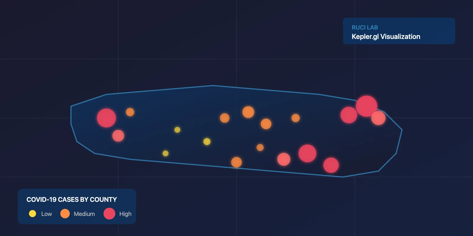 COVID-19 spread visualization map showing county-level case data across the United States