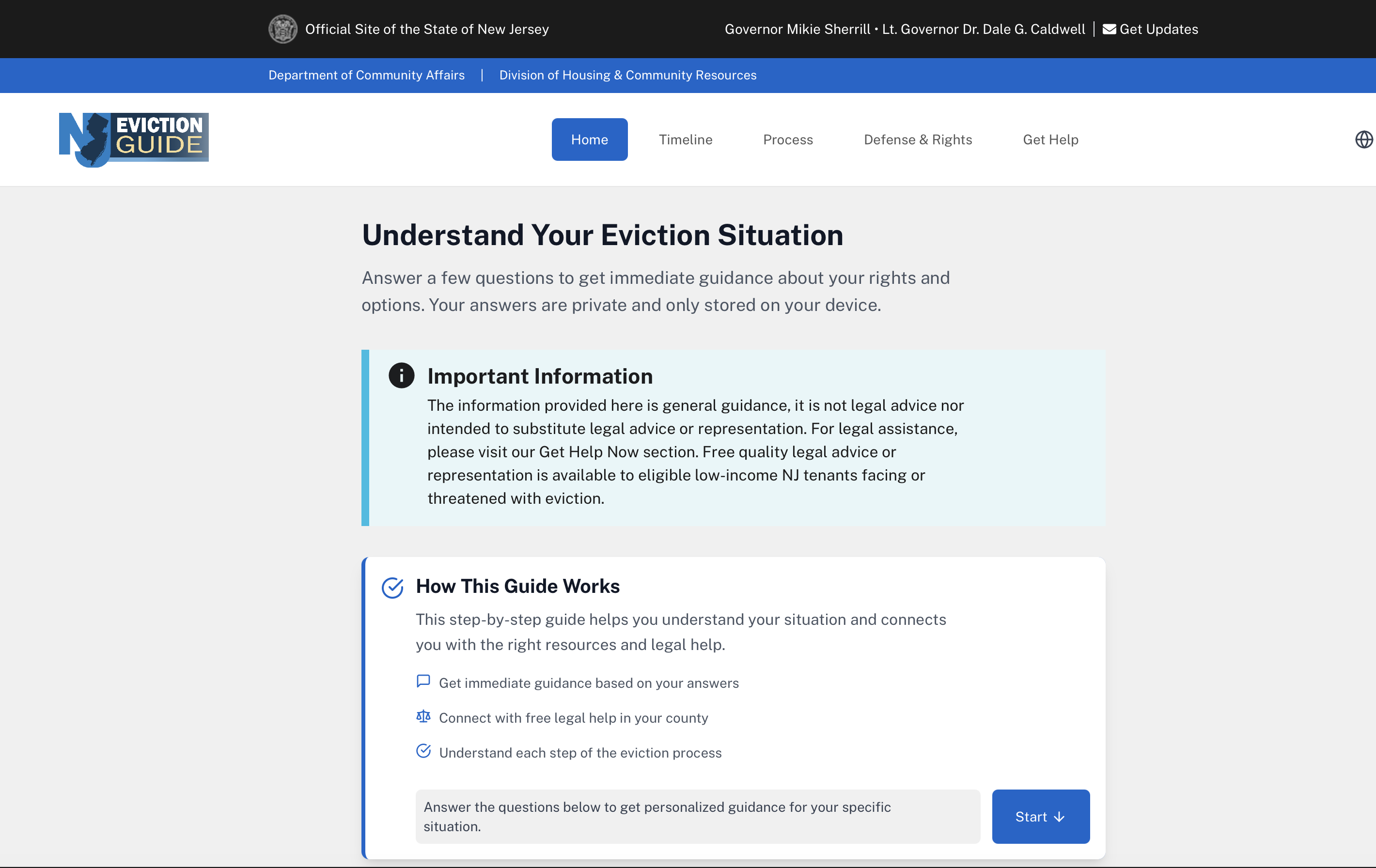 NJ Eviction Guide homepage showing the interactive self-help tool interface