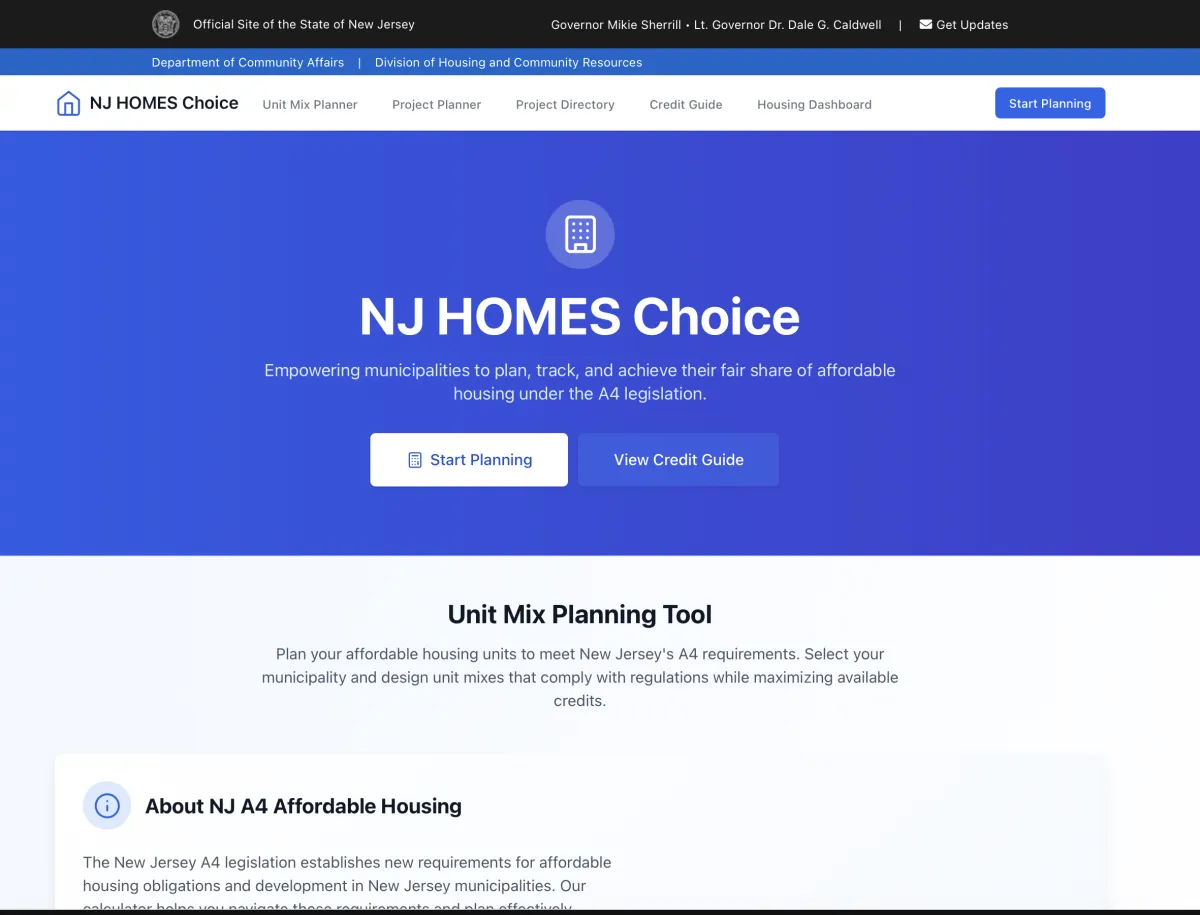 NJ HOMES Choice Tool homepage with Unit Mix Planning interface