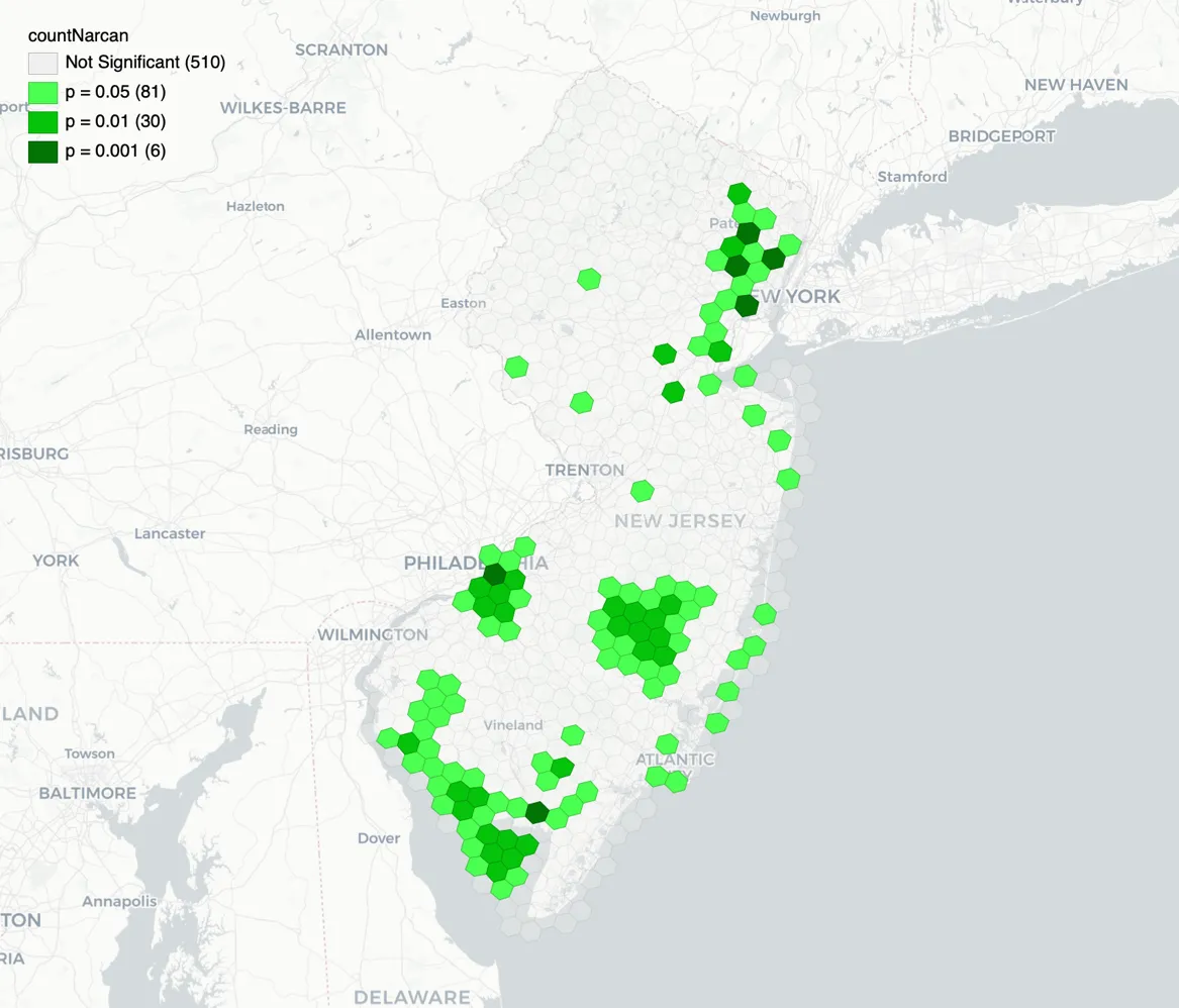 Statistically significant clusters at p < 0.05