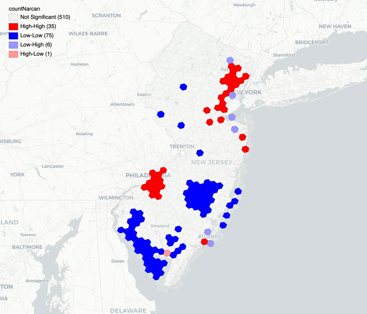 Hexagonal map of New Jersey showing opioid overdose hotspots identified through spatial analysis
