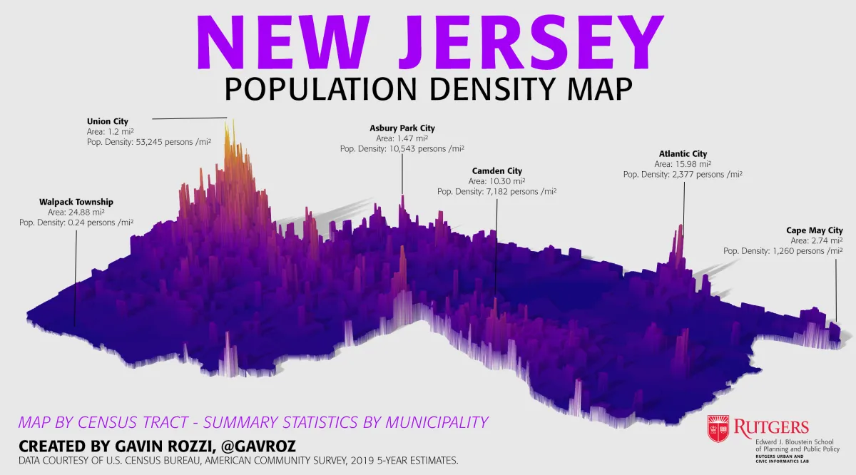 3D visualization of New Jersey population density showing elevated ridges for densely populated urban areas