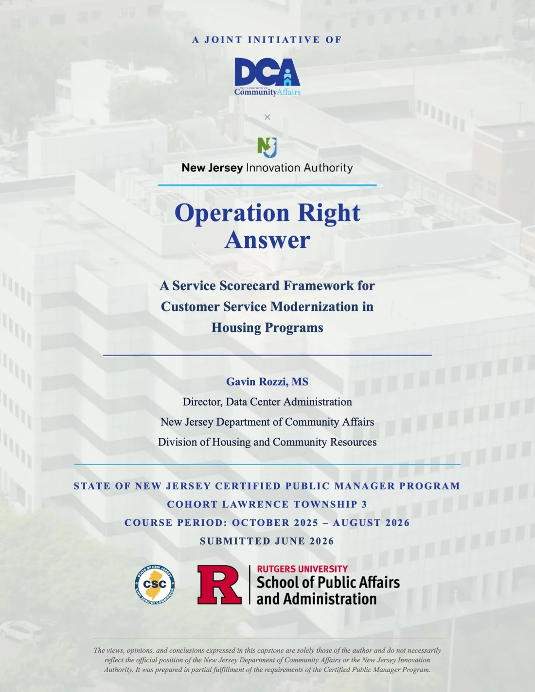 Cover of the Operation Right Answer capstone: a joint initiative of the NJ Department of Community Affairs and the New Jersey Innovation Authority, prepared for the State of New Jersey Certified Public Manager program