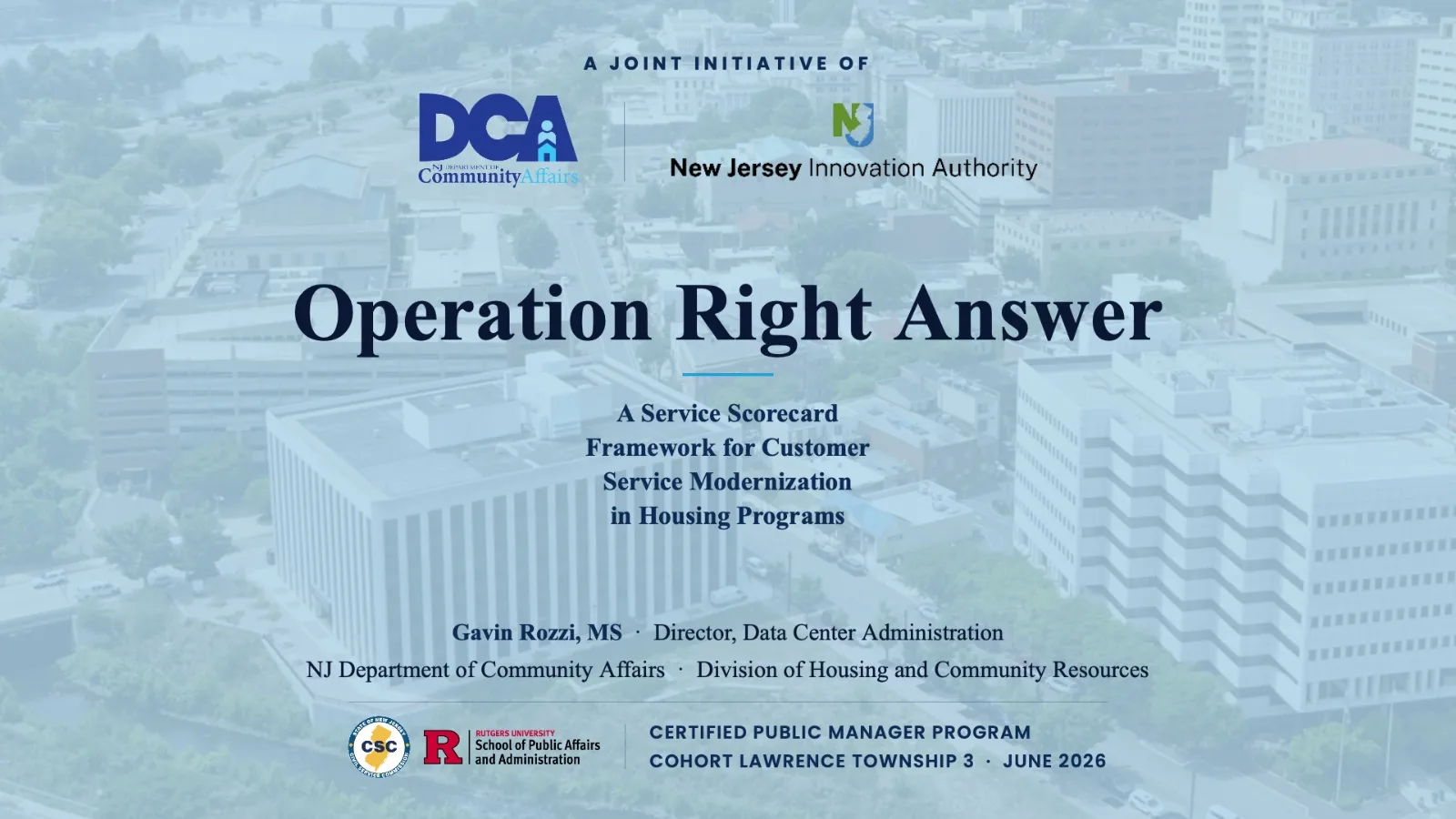 Title slide from the Operation Right Answer capstone presentation, showing the DCA and New Jersey Innovation Authority partnership and the CPM program credit