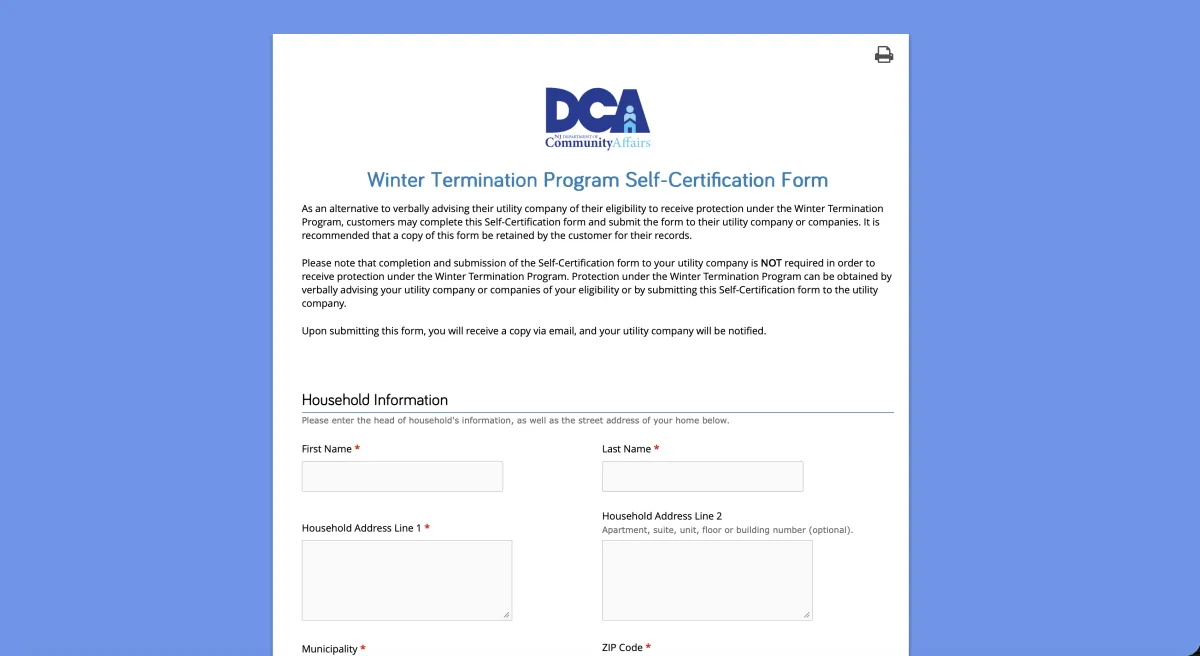 Winter Termination Program Self-Certification electronic form interface
